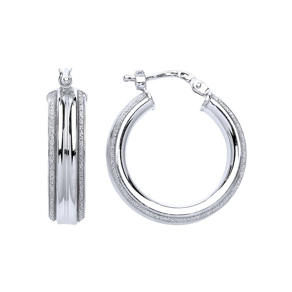 925 Sterling Silver Moondust Wide Ribbed Round 15mm Hoop Earrings