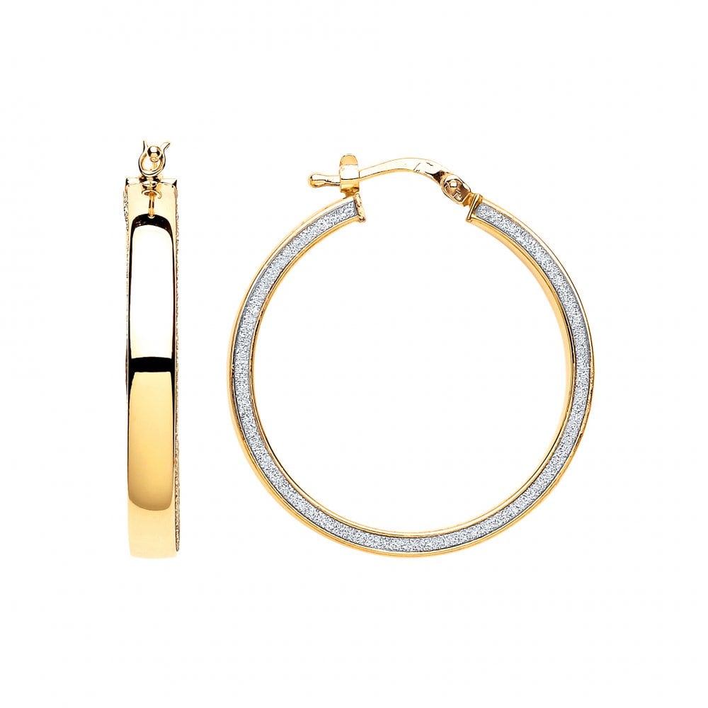 Gold Plated Moondust & Polished Round 25mm Hoop Earrings