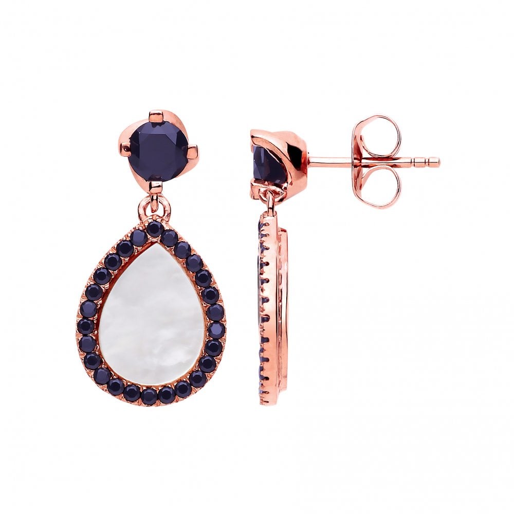 Rose Gold Plated Black CZ & Mother Of Pearl Drop Earrings