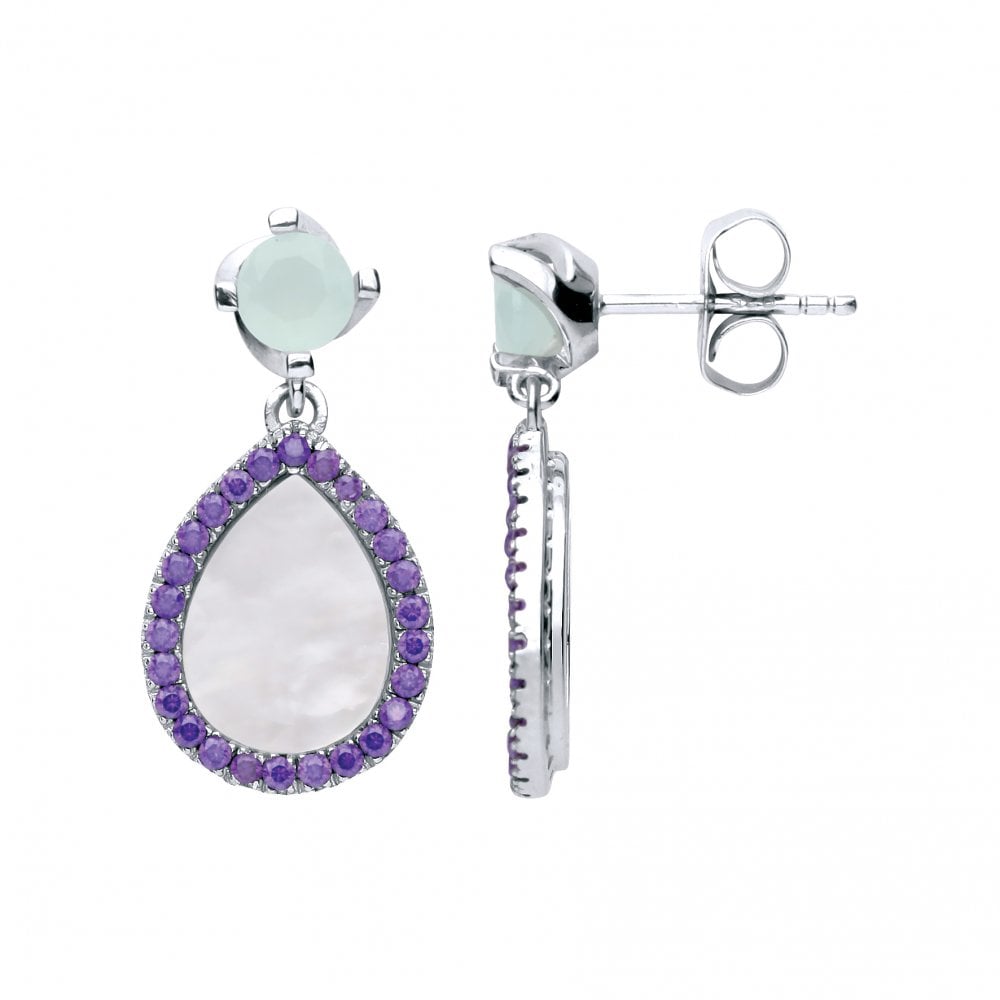 925 Sterling Gold Plated Amethyst CZ & Mother Of Pearl Drop Earrings