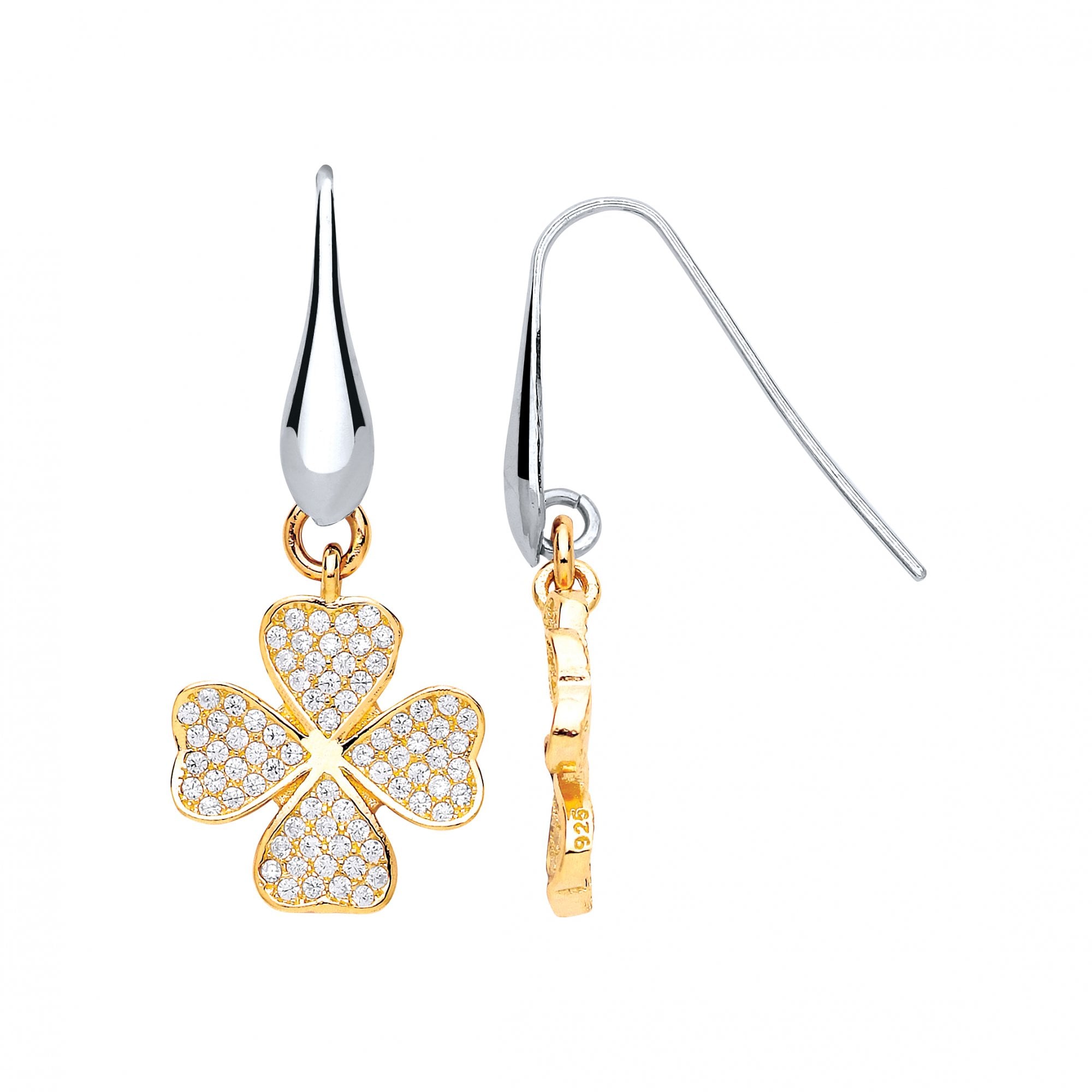 925 Sterling Silver & Gold Plated CZ Four Leaf Clover Fancy Earrings