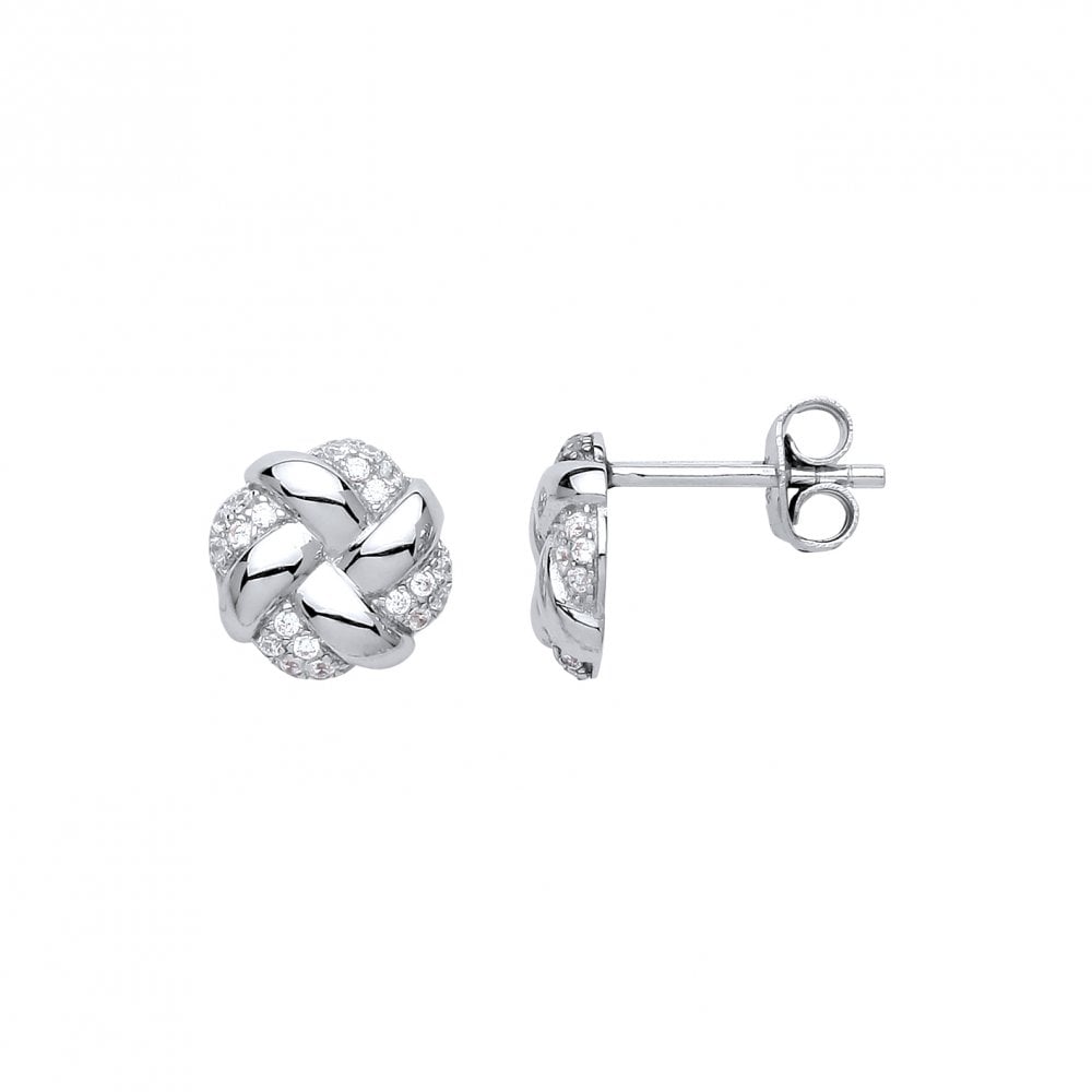 925 Sterling Silver Polished & CZ Fancy Flat Knot Studs
