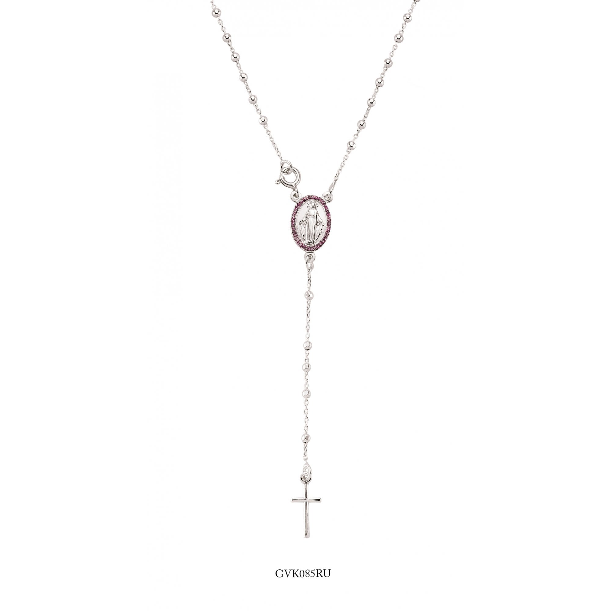 Silver Rosary Bead Chain With Ruby CZ Stones