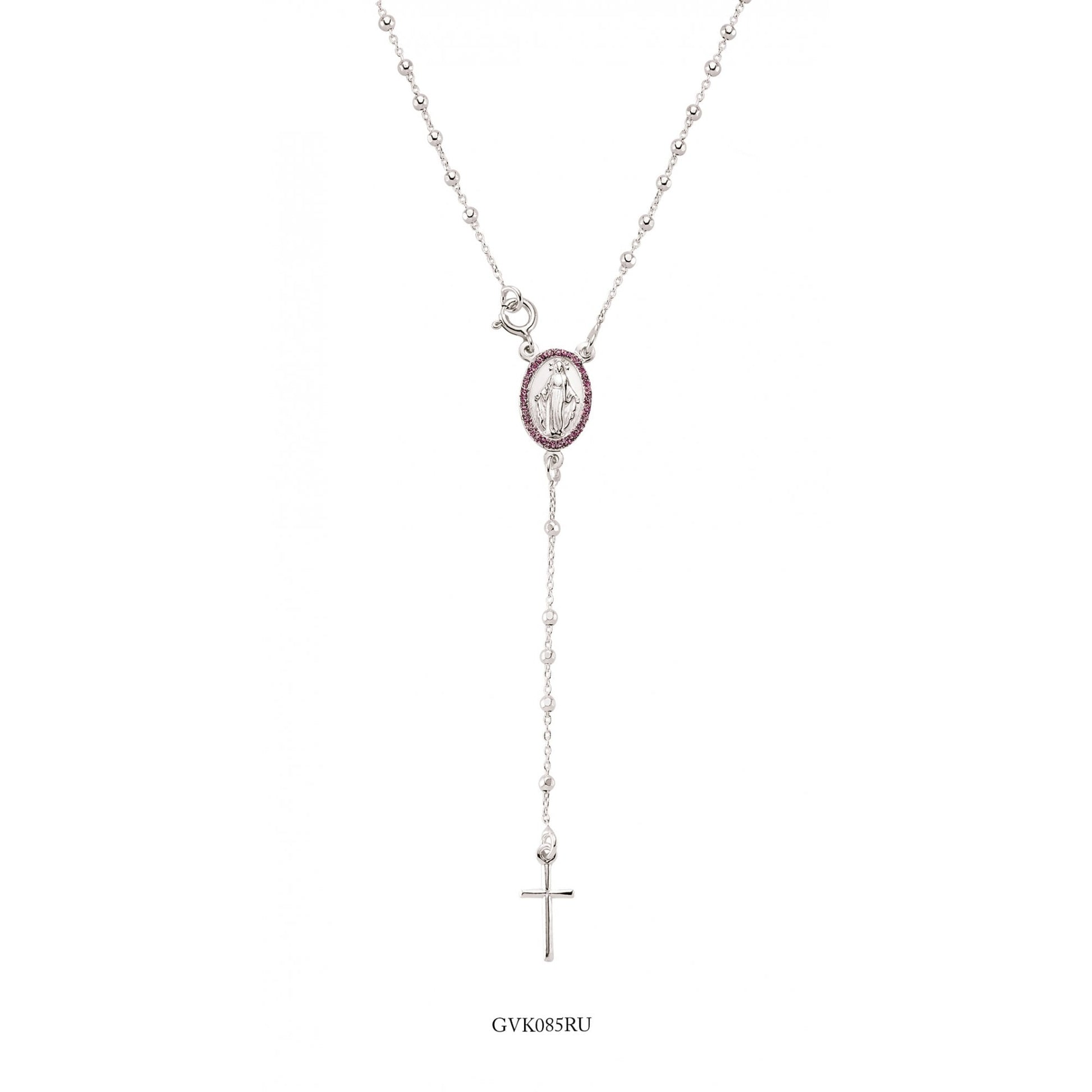 Silver Rosary Bead Chain With Ruby CZ Stones