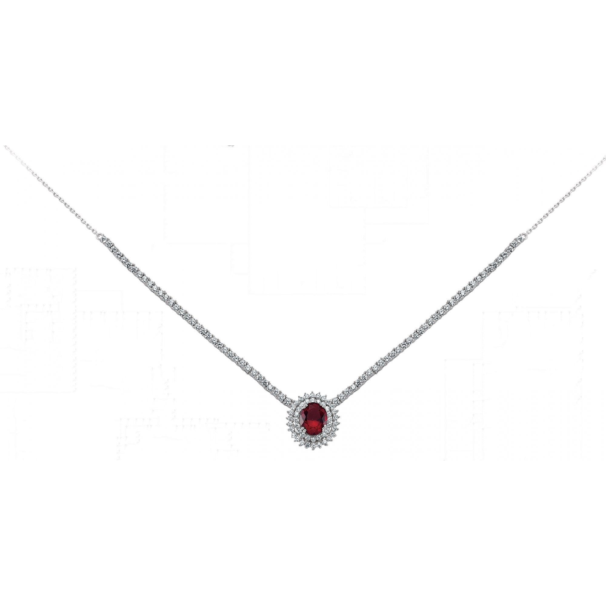 925 Sterling Silver CZ Ruby Cluster Necklace