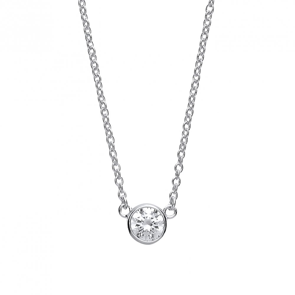 925 Sterling Silver Ladies Necklace With Round CZ Rubover Pendant