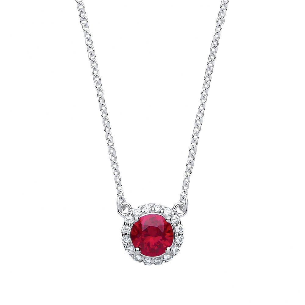 925 Sterling Silver Necklace With CZ & Ruby Round Pendant