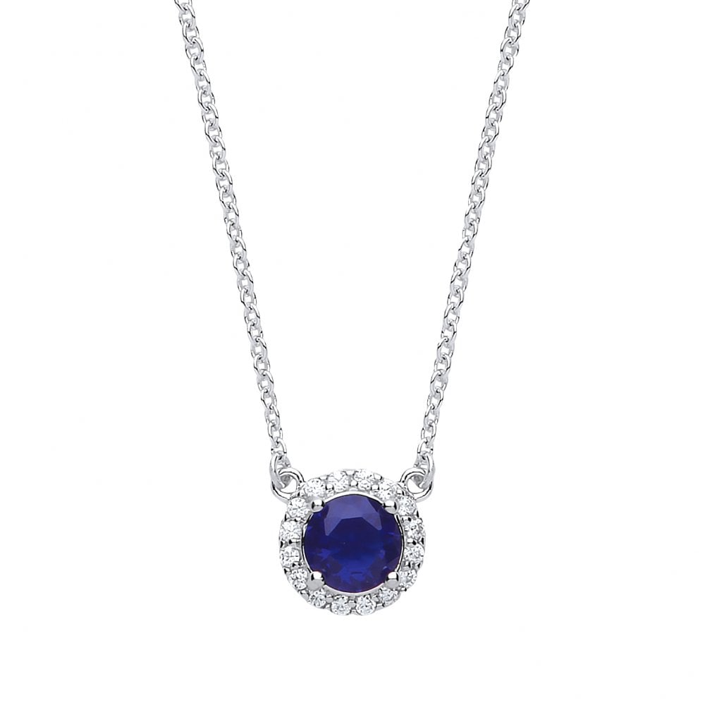 925 Sterling Silver Necklace With CZ & Sapphire Round Pendant
