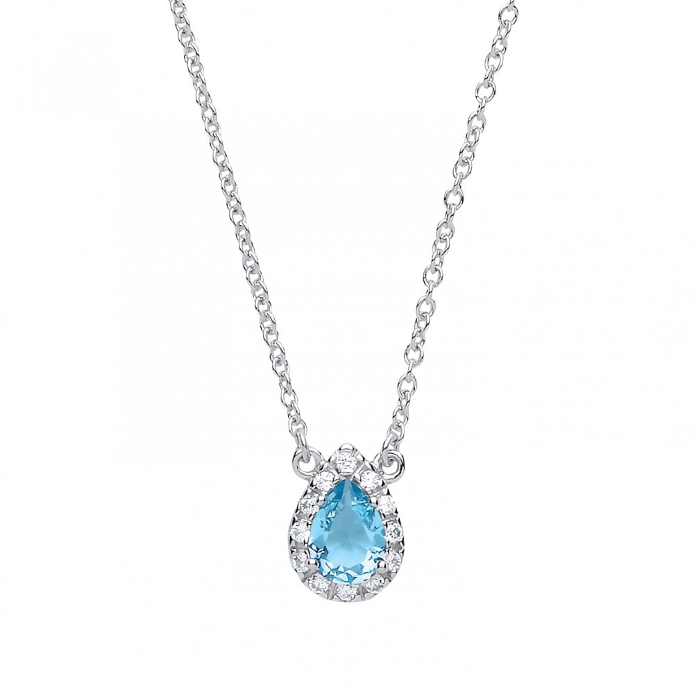 925 Sterling Silver Necklace With CZ & Aqua Tear Drop Pendant