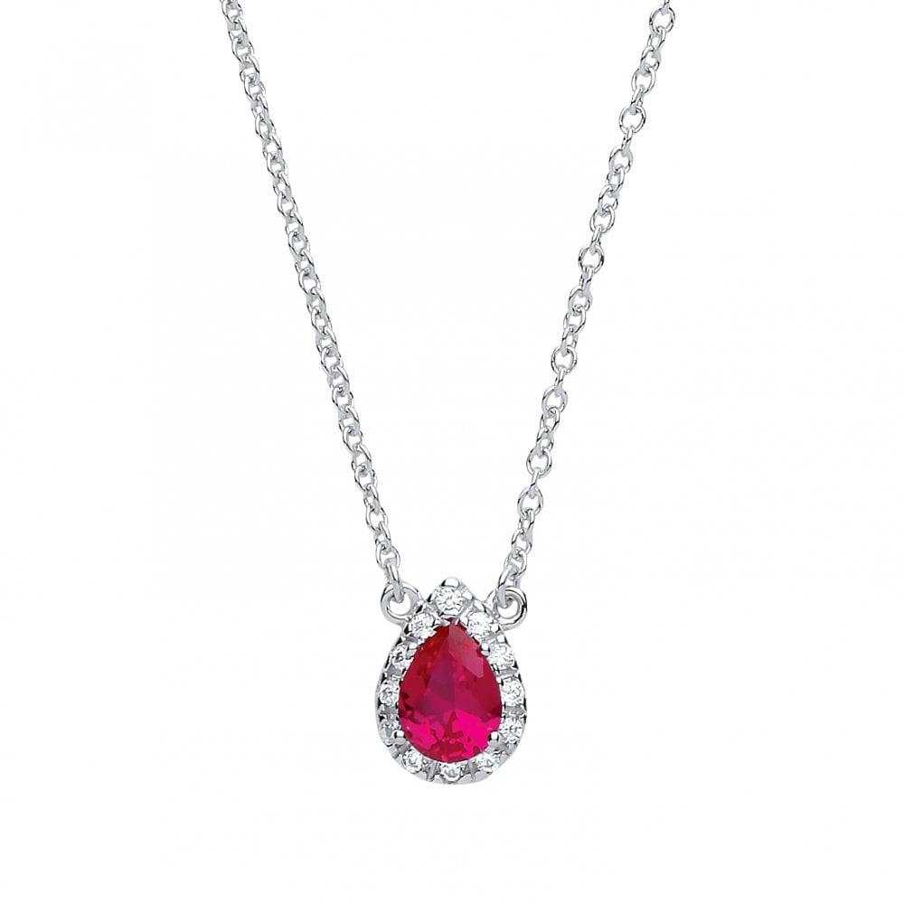 925 Sterling Silver Necklace With CZ & Ruby Tear Drop Pendant