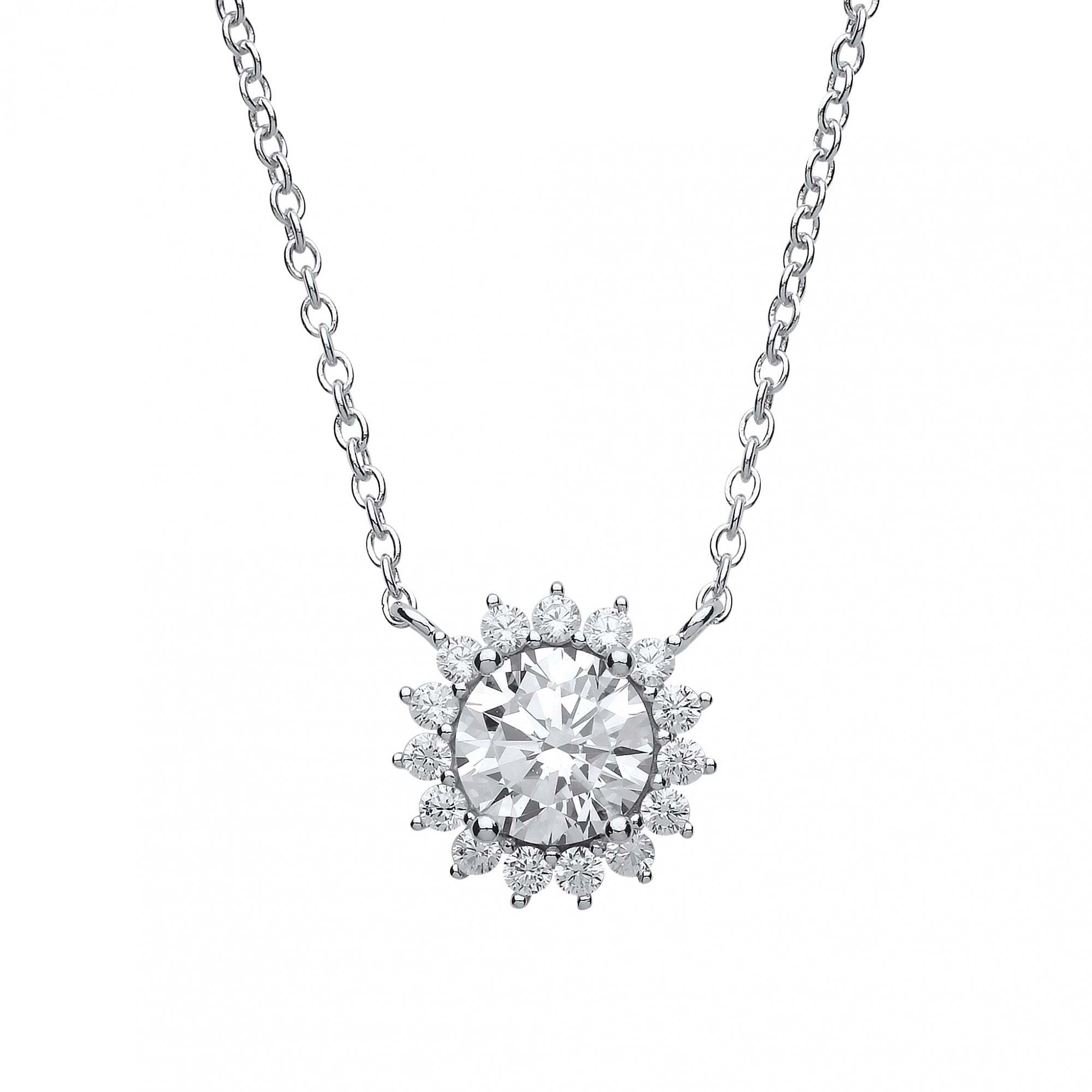 925 Sterling Silver CZ Round Halo Fancy Pendant With Chain
