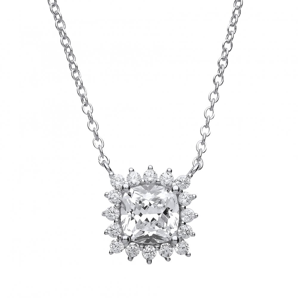 925 Sterling Silver CZ Square Fancy Pendant With Chain