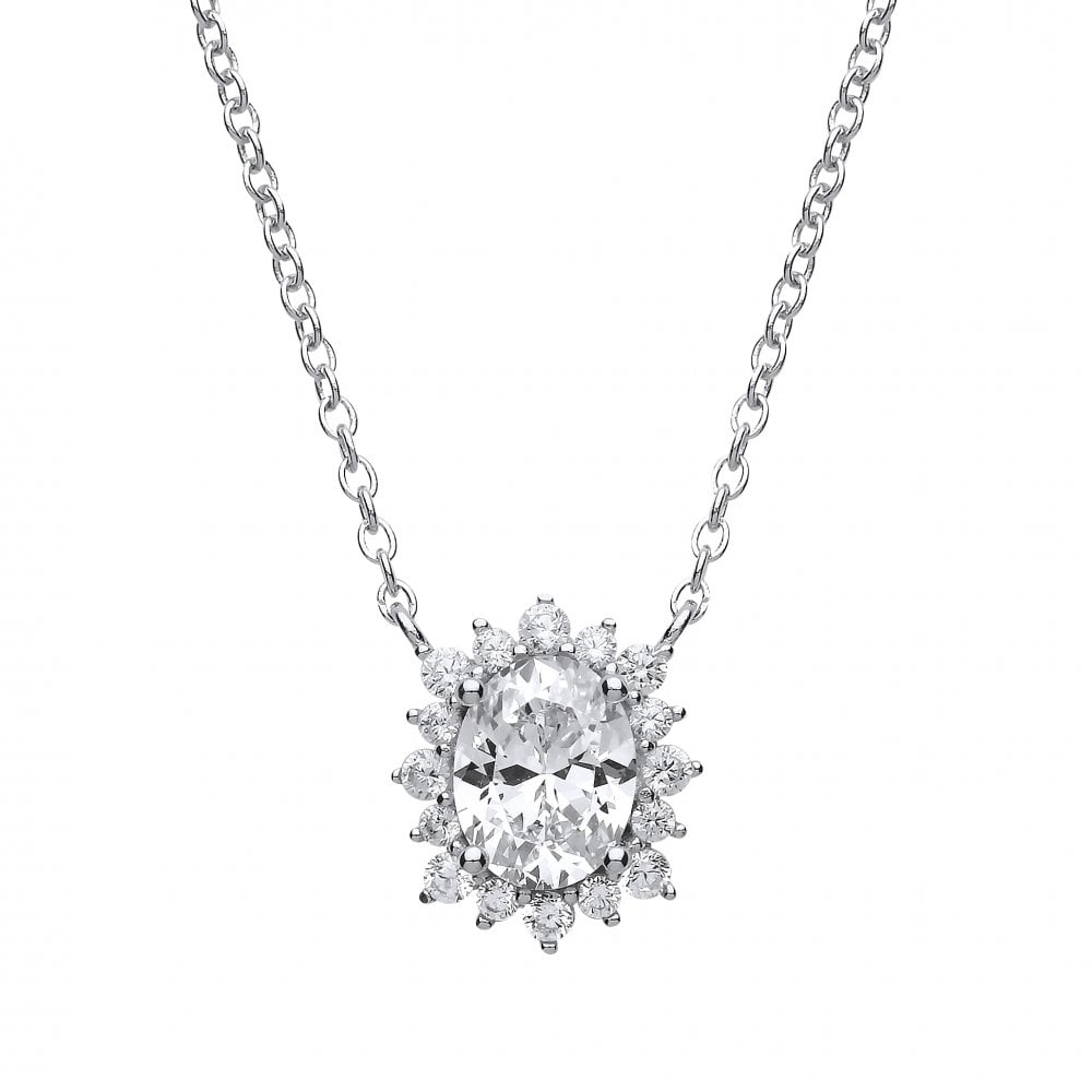 925 Sterling Silver CZ Oval Fancy Pendant With Chain