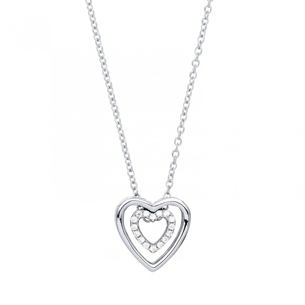925 Sterling Silver CZ Fancy Double Heart Pendant Necklace