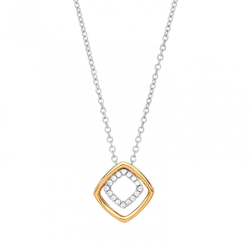 925 Sterling Silver & Gold Plated CZ Fancy Double Square Pendant Necklace