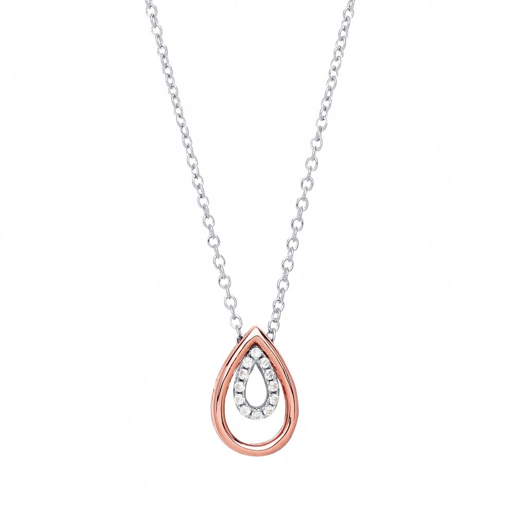 925 Sterling Silver & Rose Gold Plated Fancy CZ Double Tear Drop Necklace