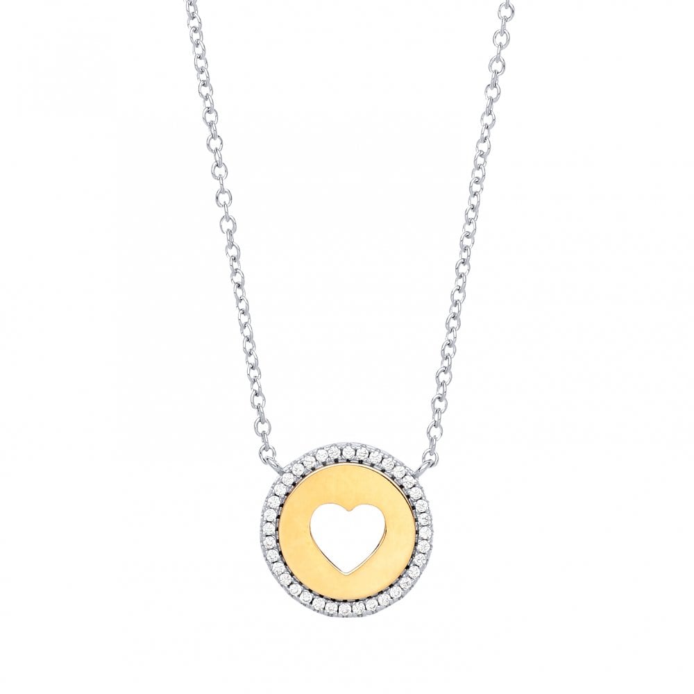 925 Sterling Silver & Gold Plated CZ Necklace with Cutout Heart Pendant