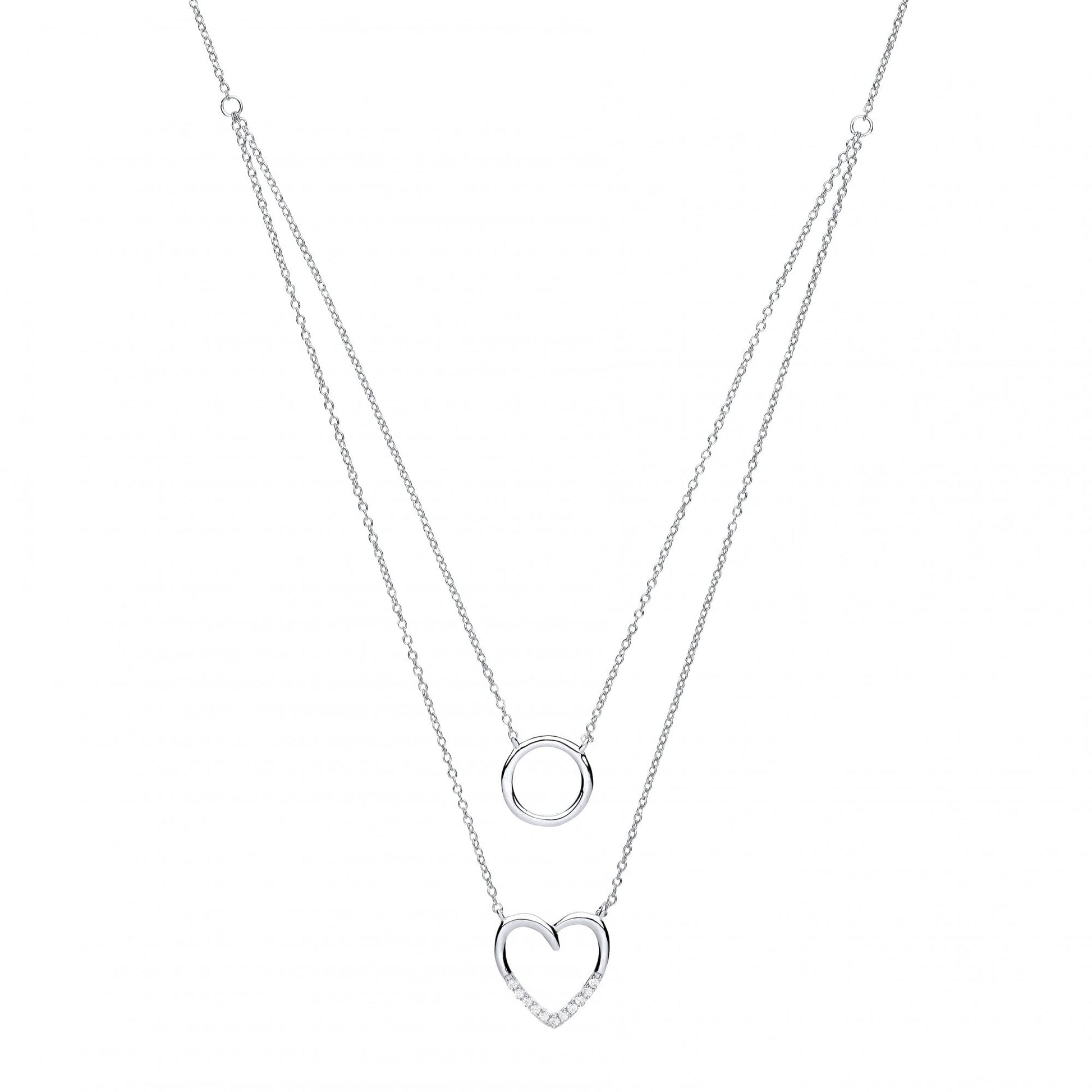 925 Sterling Silver Double Chain Necklace With CZ Heart & Circle Pendant