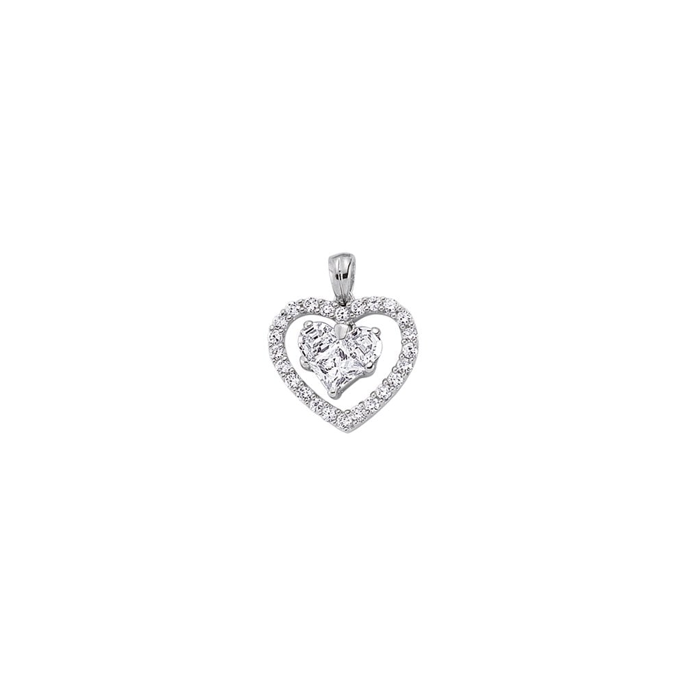 925 Sterling Silver CZ Heart Pendant With A Dangling Centre Heart