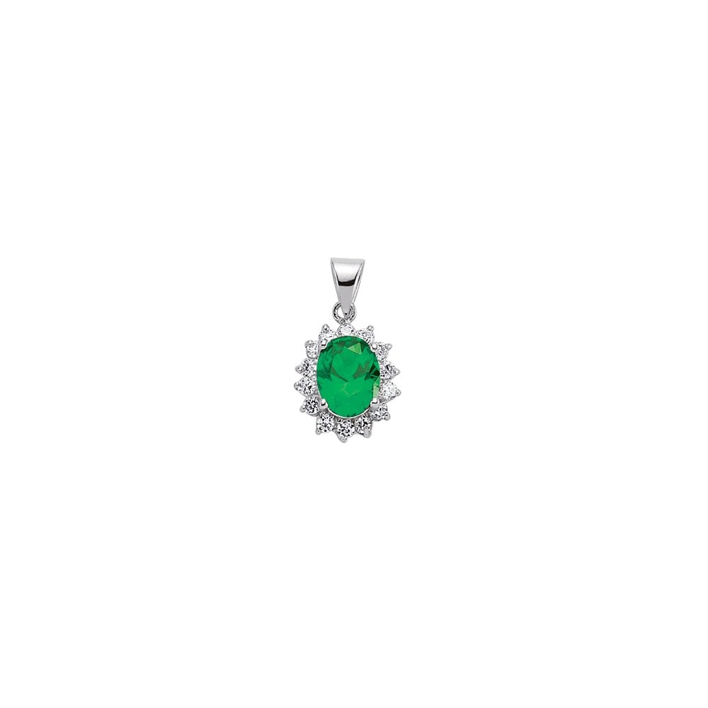 925 Sterling Silver CZ Cluster Pendant With A Oval Emerald Stone Centre