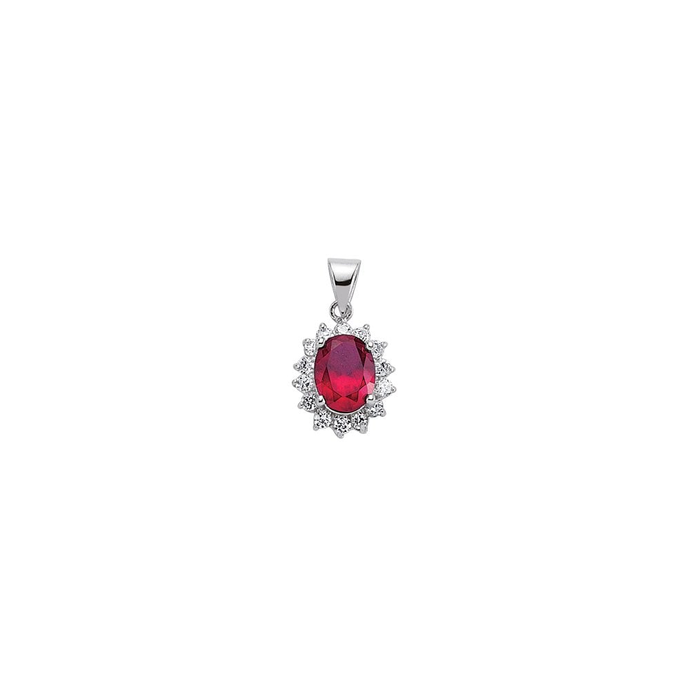 925 Sterling Silver CZ Cluster Pendant With A Oval Ruby Stone Centre
