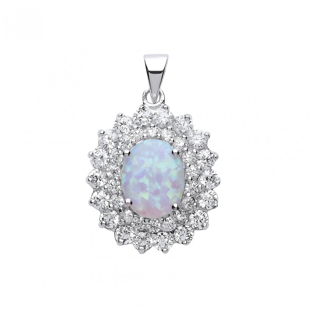 925 Sterling Silver CZ Cluster Pendant With A Oval Opal Stone Centre