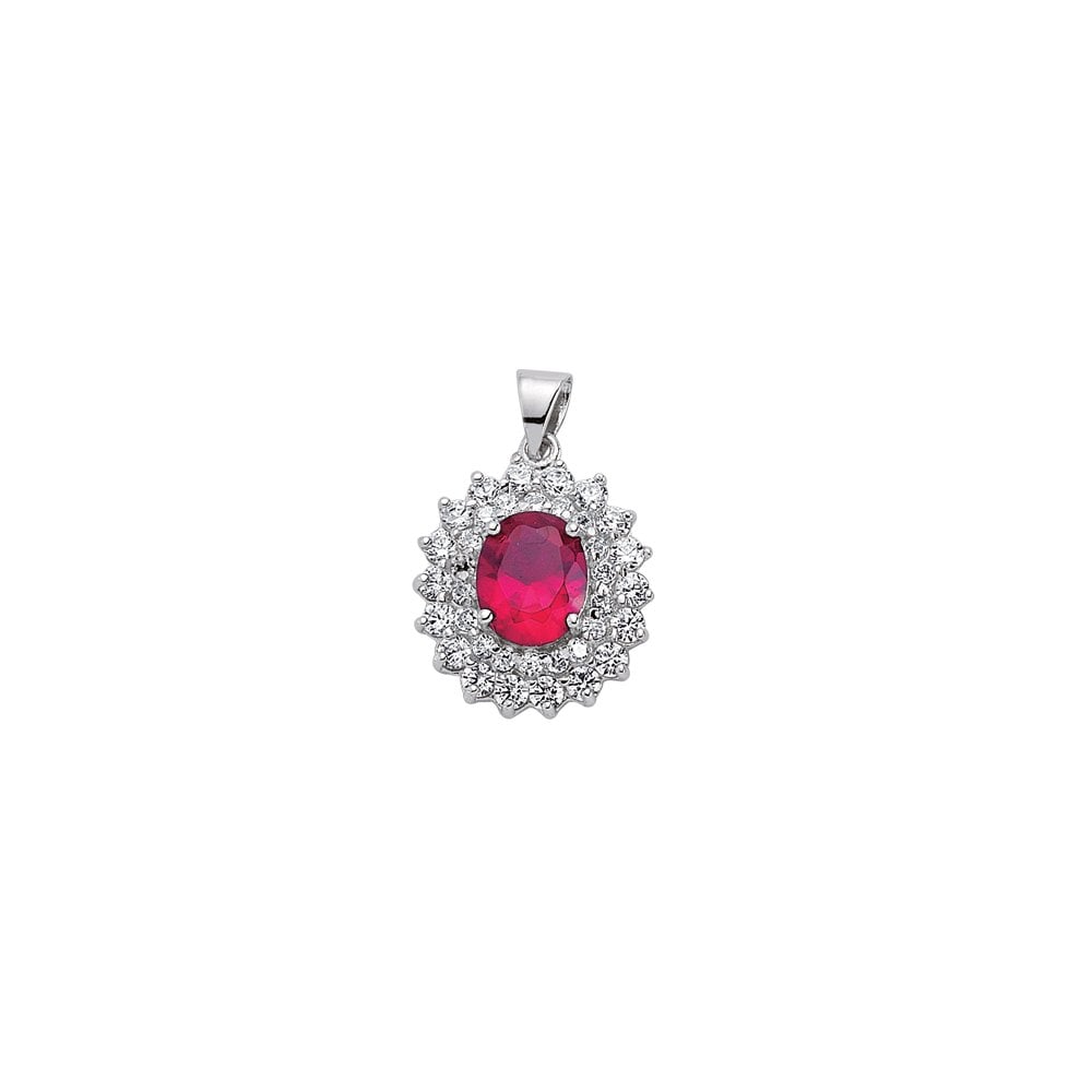 925 Sterling Silver CZ Cluster Pendant With A Oval Ruby Stone Centre