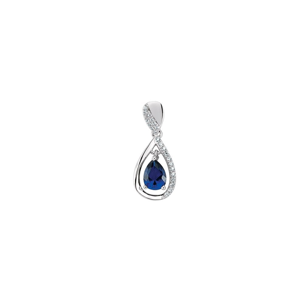 925 Sterling Silver Cubic Zirconia Tear Drop Pendant With Sapphire Centre