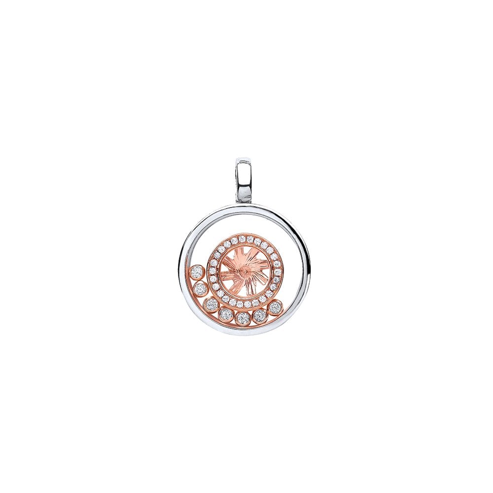 925 Sterling Silver & Rose Gold Glass Pendant With Floating CZ & Leaf