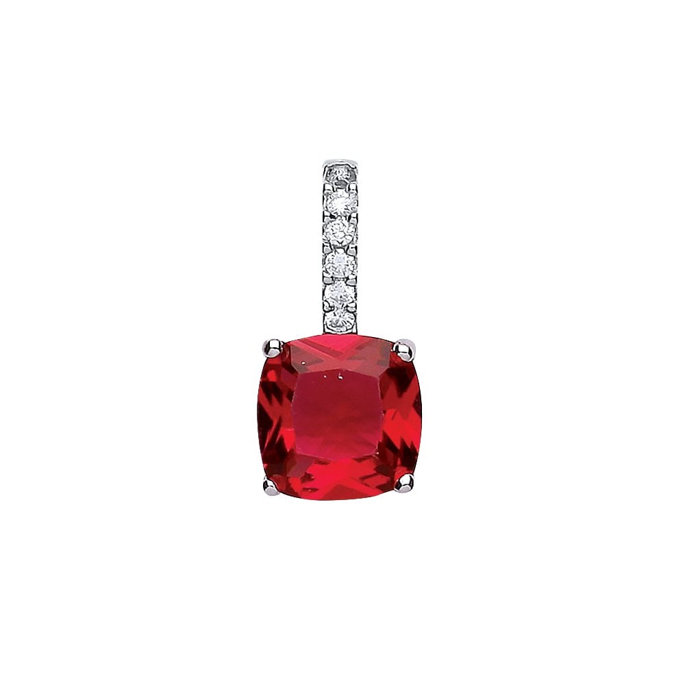 925 Sterling Silver CZ & Ruby Square Drop Fancy Pendant