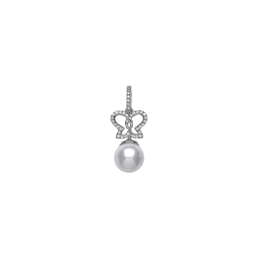 925 Sterling Silver Pearl Fancy Drop Pendant With CZ Butterfly Detail