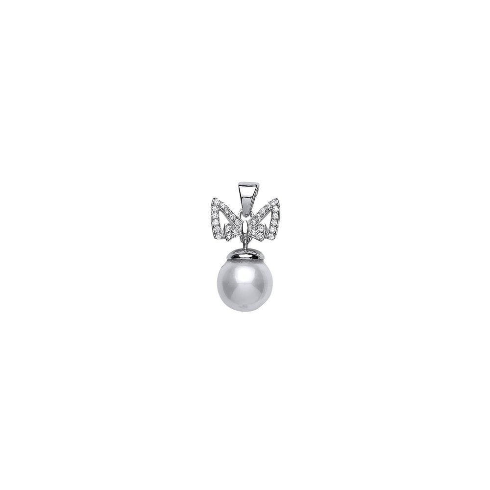 925 Sterling Silver Pearl Fancy Drop Pendant With CZ Bow Detail