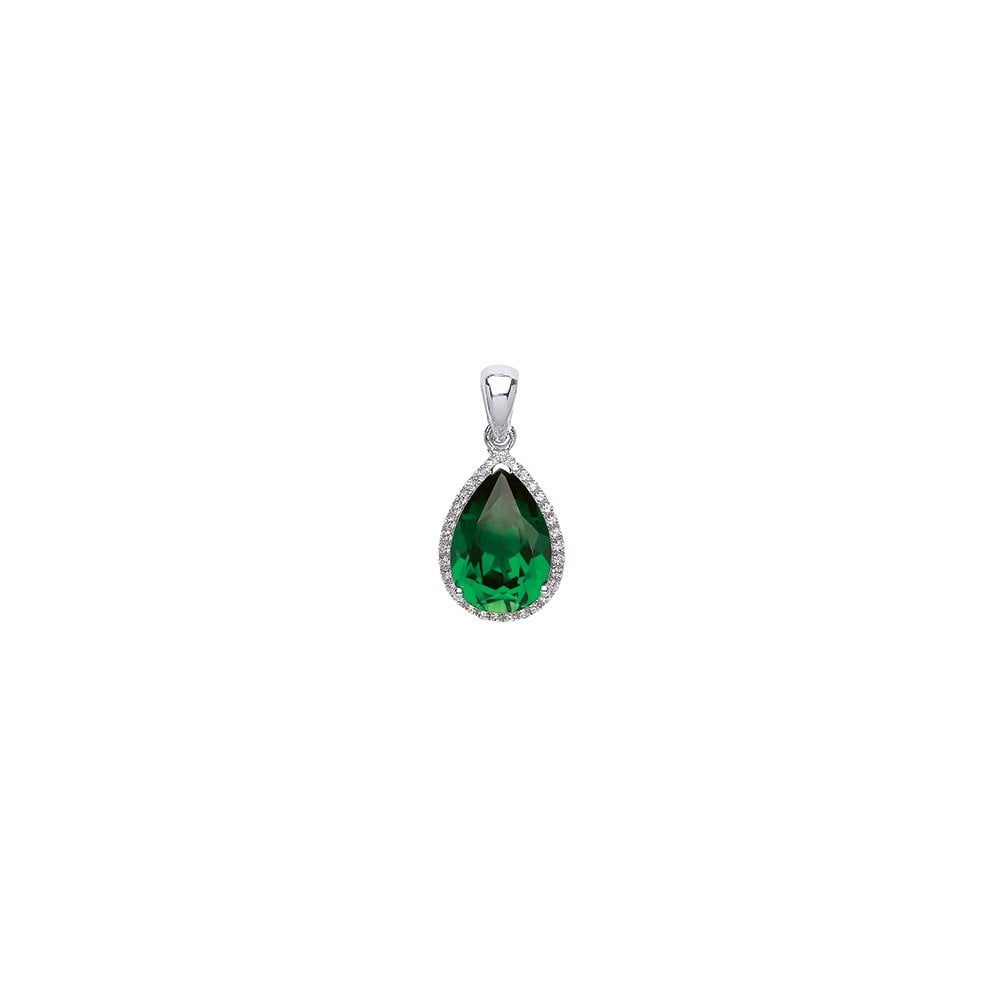 925 Sterling Silver CZ & Emerald (PS9x13) Fancy Tear Drop Pendant