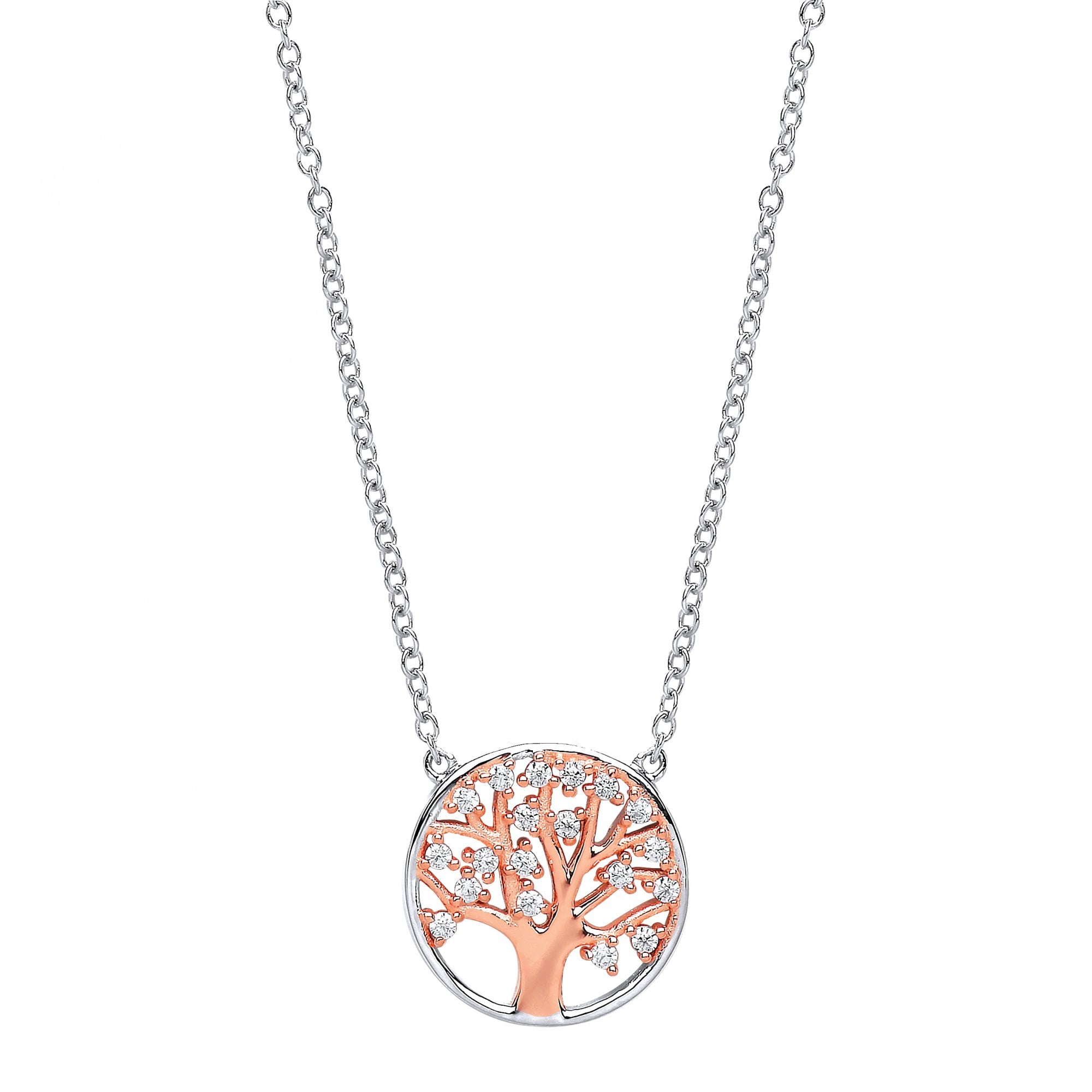 925 Sterling Silver & Rose Gold Plated CZ Tree Of Life Pendant w/Chain