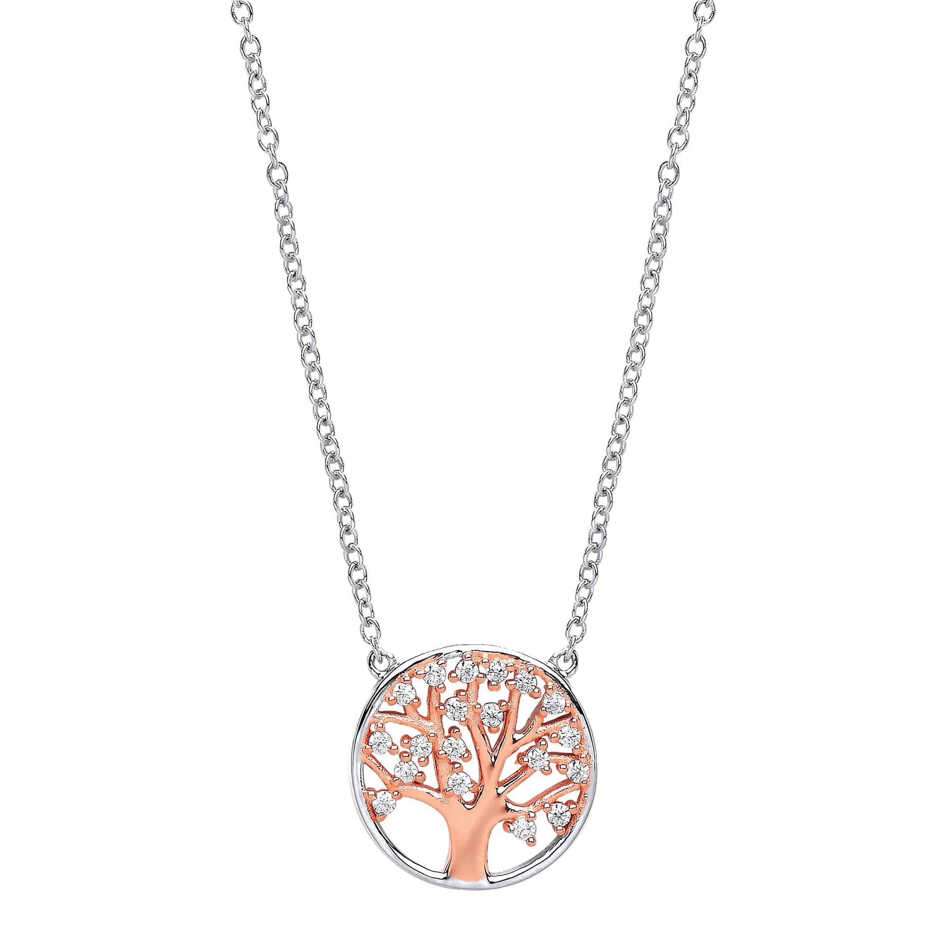 925 Sterling Silver & Rose Gold Plated CZ Tree Of Life Pendant w/Chain