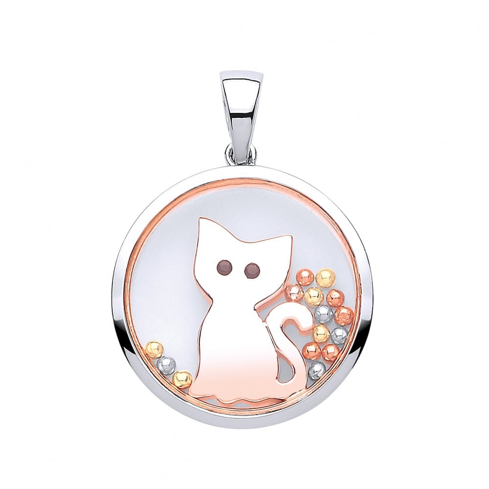925 Sterling Silver & Rose Gold Sapphire Glass 'Cat' Pendant