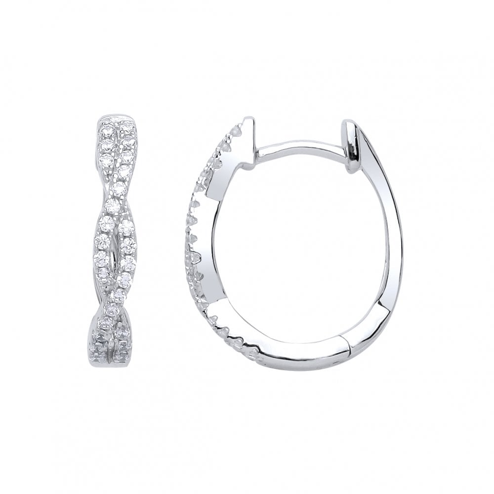 925 Sterling Silver CZ Fancy Intwined Hoop Earrings