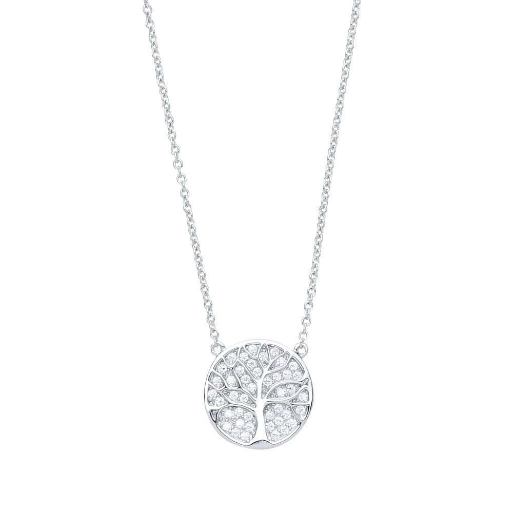 925 Sterling Silver CZ Fancy Tree Of Life Pendant Necklace