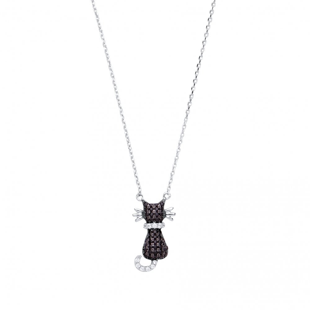 925 Sterling Silver Fancy Necklace With CZ & Black CZ Cat Pendant