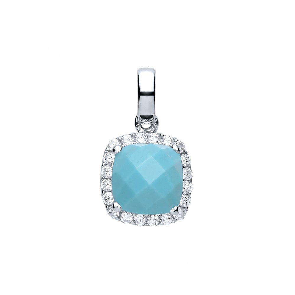 925 Sterling Silver CZ & Turquoise Cushion Cut Fancy Pendant