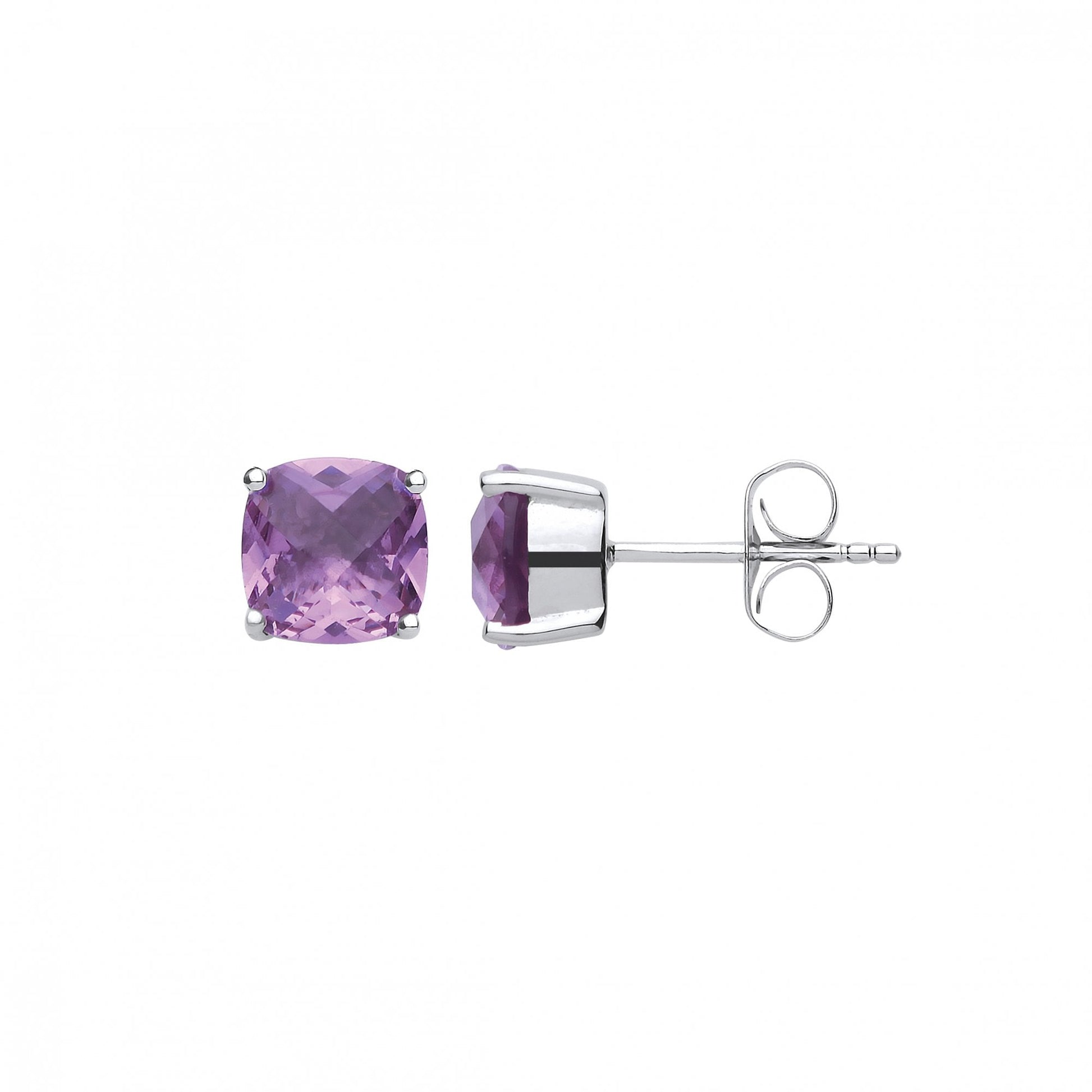 925 Sterling Silver Fancy Amythest 8mm Cushion Cut Studs