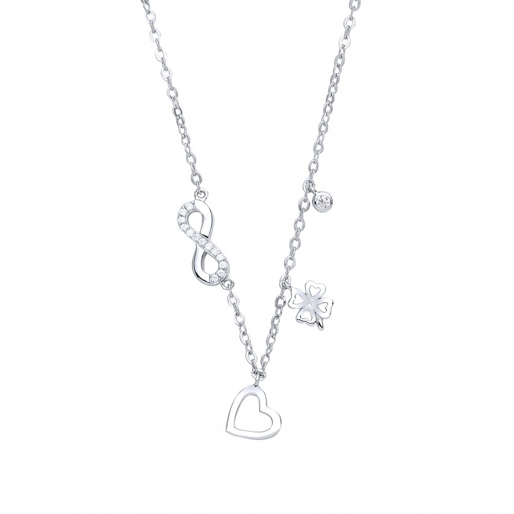 925 Sterling Silver Necklace With CZ Infinity, Heart & Clover Charms
