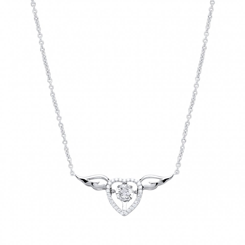 925 Sterling Silver CZ Heart & Wings Fancy Pendant Necklace