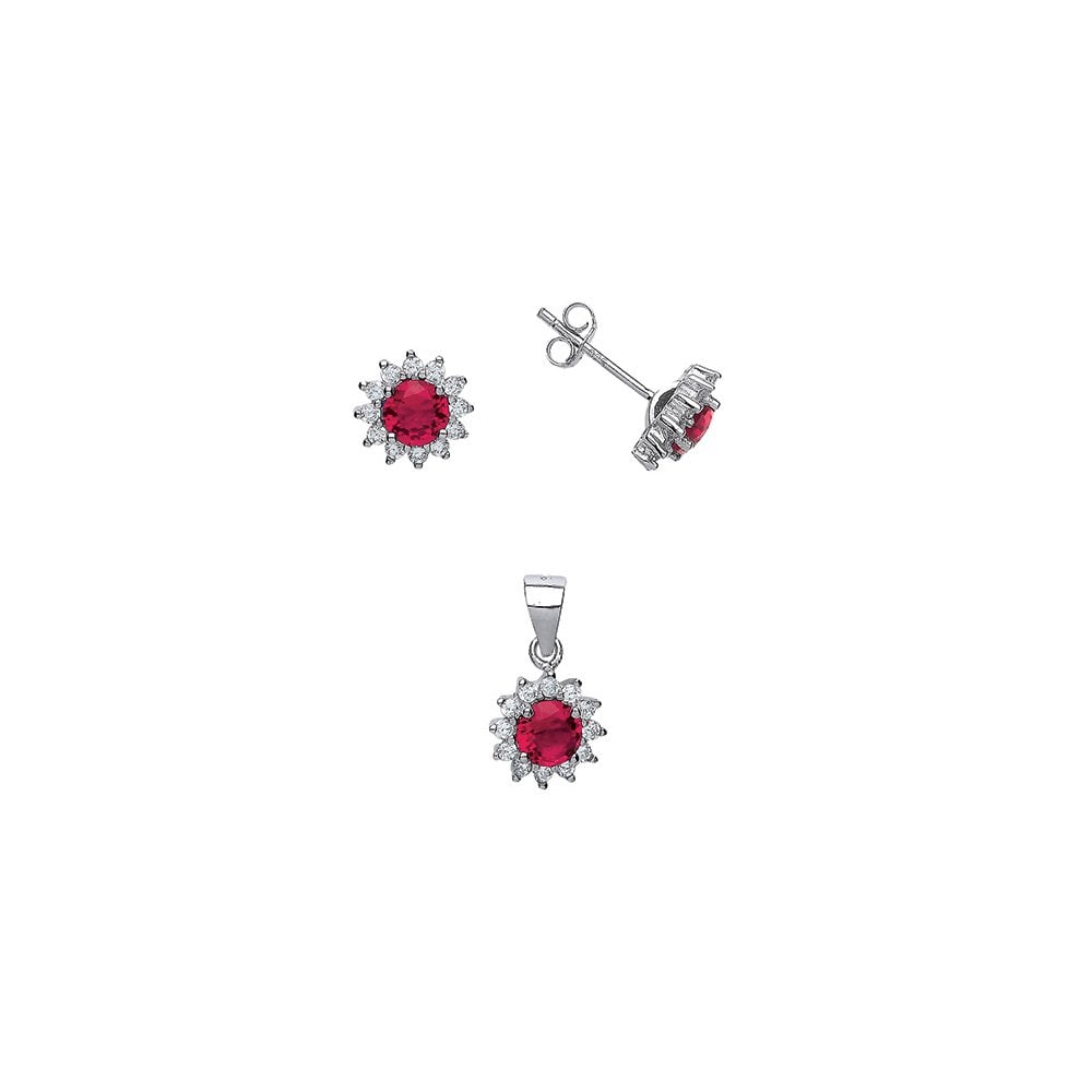 925 Sterling Silver CZ & Ruby Cluster Earring Stud & Pendant Set