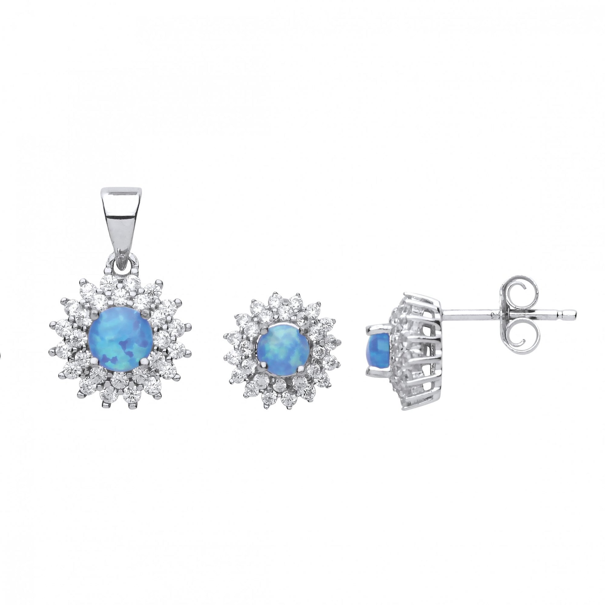 925 Sterling Silver CZ & Blue Opal Cluster Earring Stud & Pendant Set