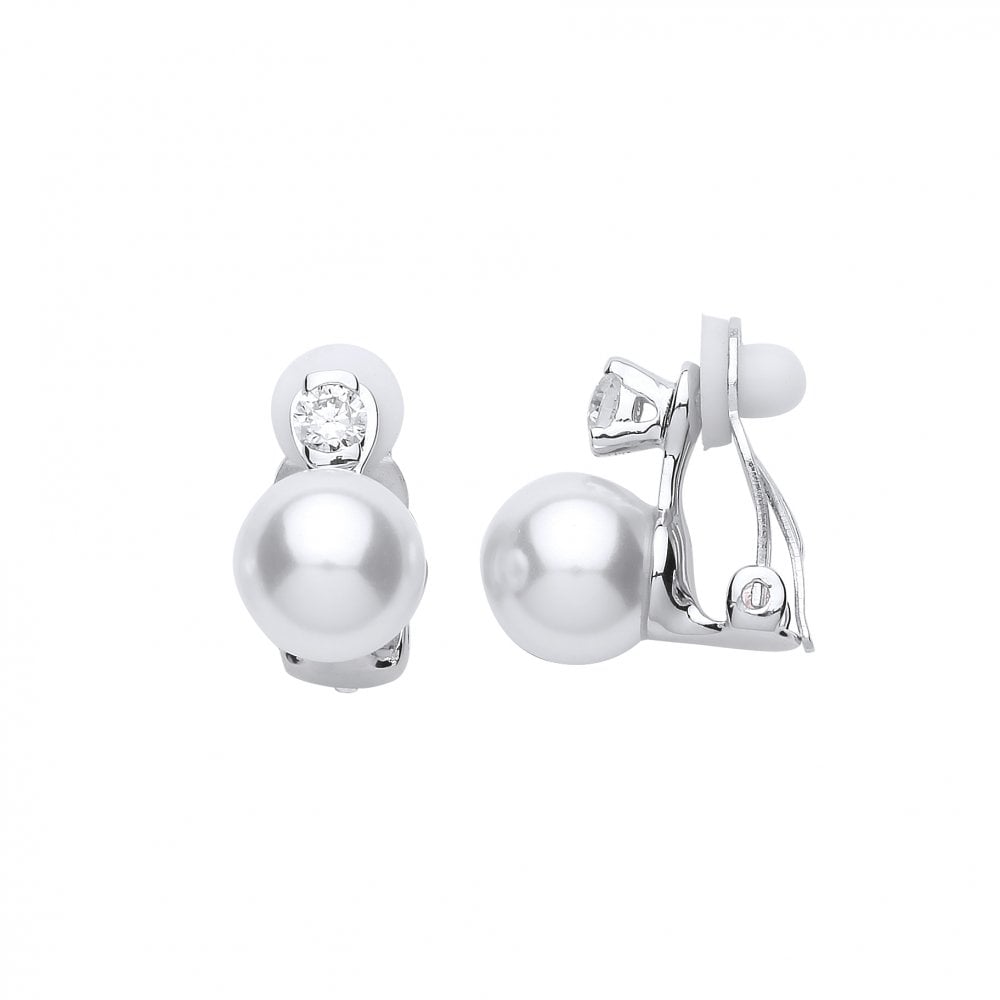 925 Sterling Silver CZ Fancy Pearl Clip On Earrings