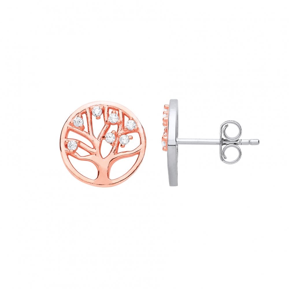 925 Sterling Silver & Rose Gold Plated CZ Tree Of Life Stud Earrings