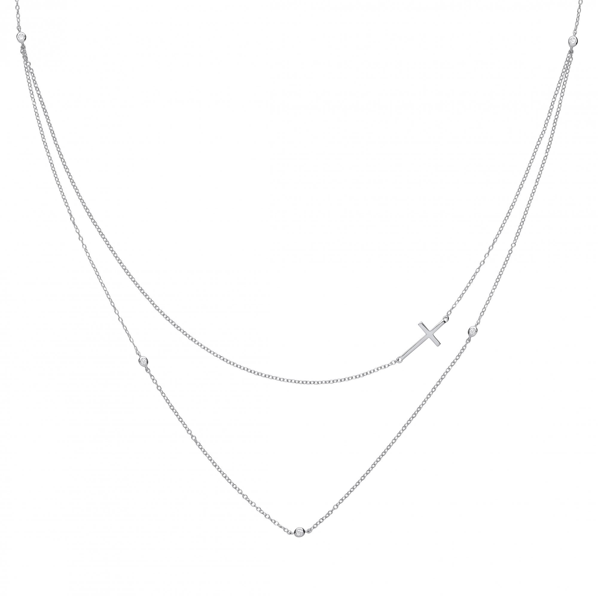 925 Sterling Silver Double Necklace With Bead & Cross Detail