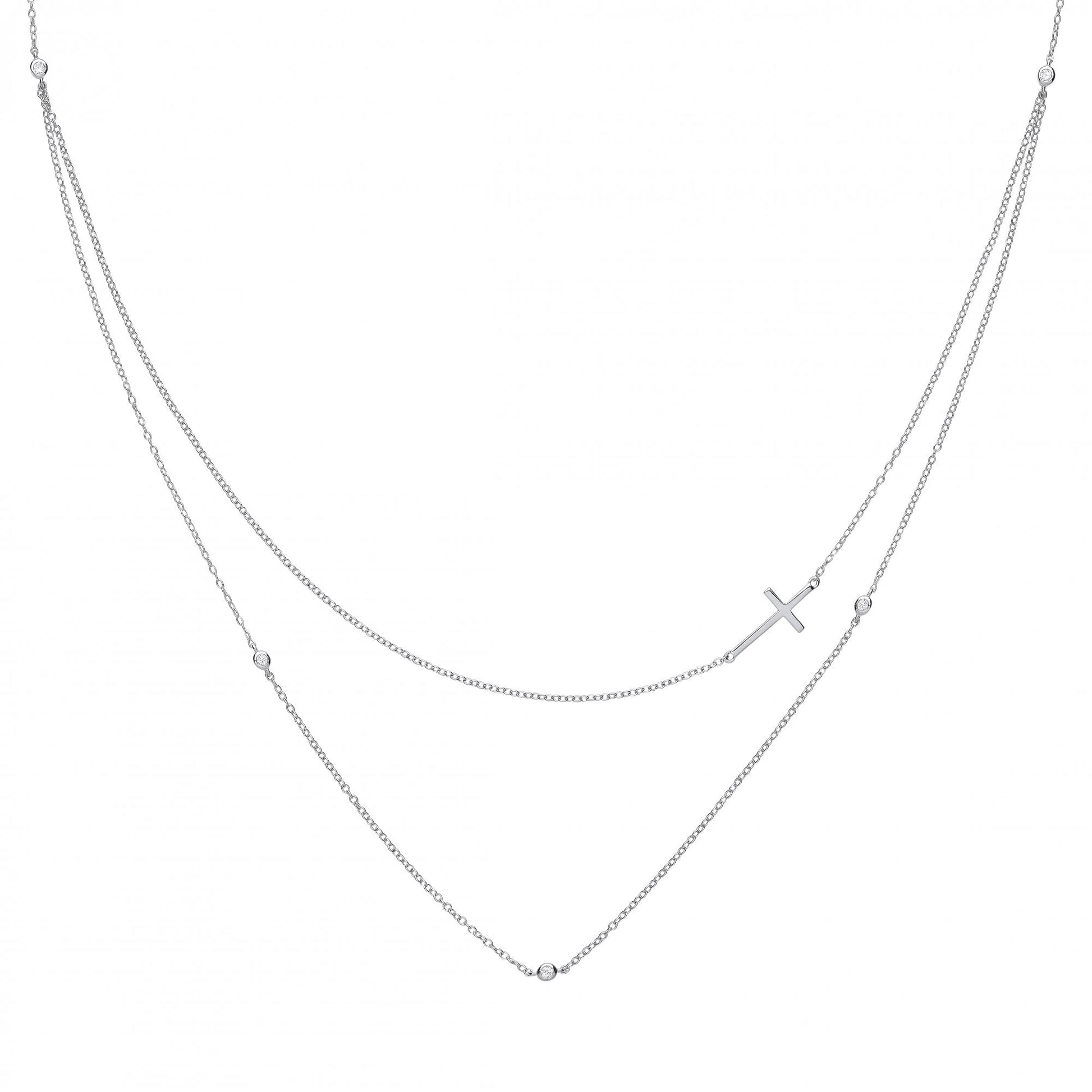 925 Sterling Silver Double Necklace With Bead & Cross Detail
