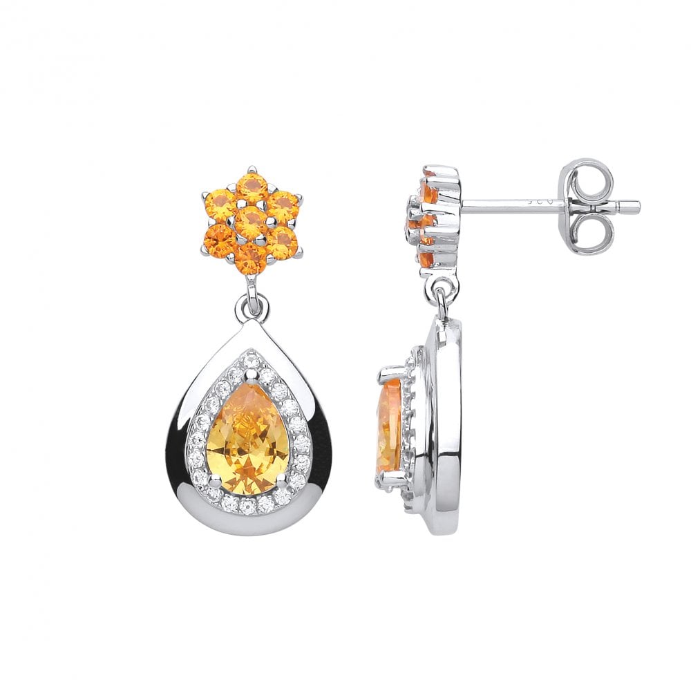 925 Sterling Silver CZ & Citrine Flower Fancy Drop Earrings